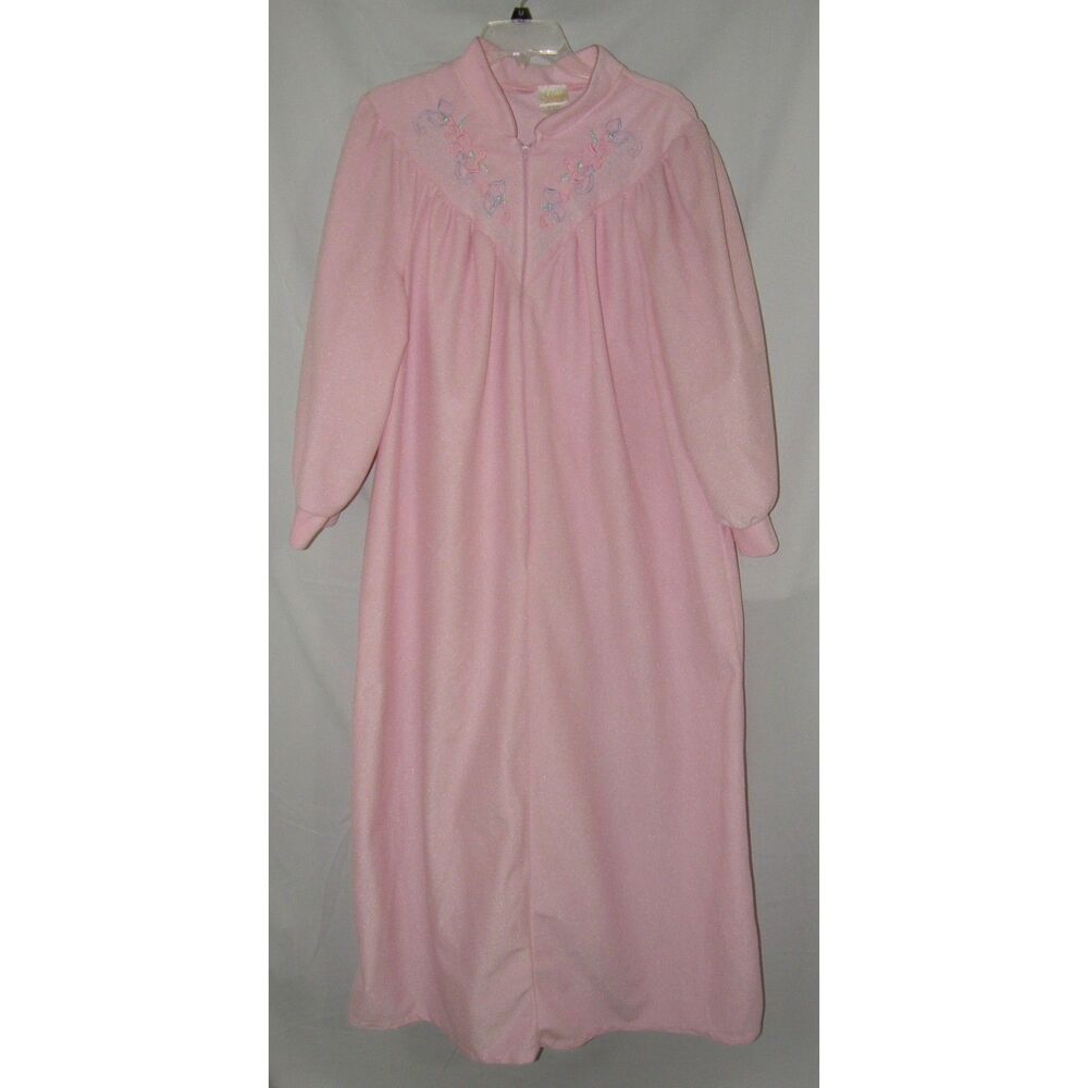 Vintage Pink Plus Sz 22/24 Embroidered Zip Up Lounge Gown Pockets INTIMATE MOODS